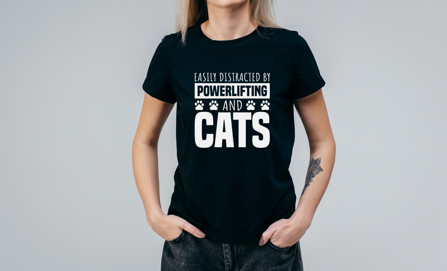 Easily Distracted by Powerlifting and Cats Tee – Funny Shirt for Cat Lovers & Lifters