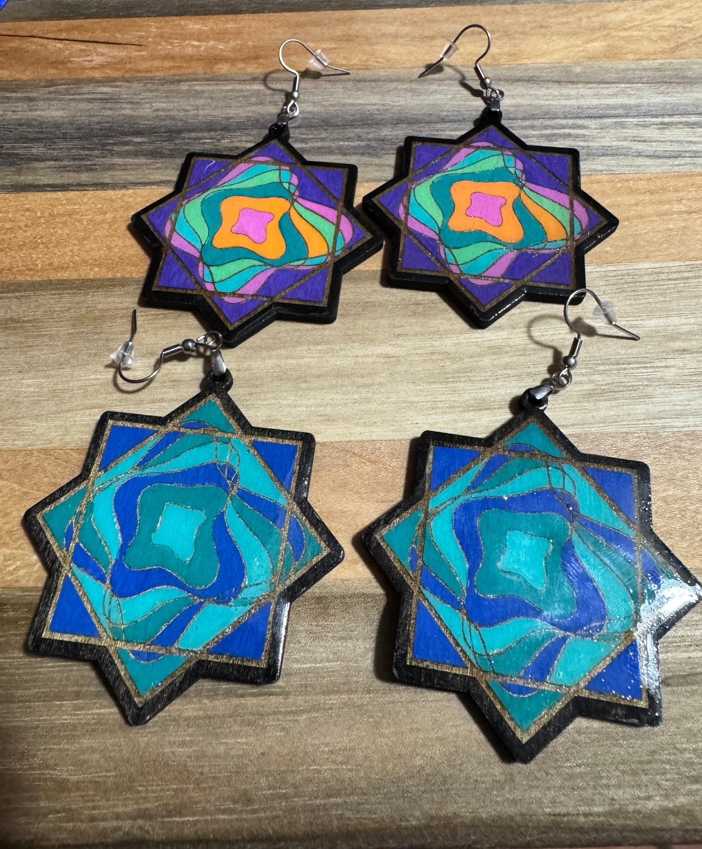 Flowstar Earrings – Hand-Painted, Laser-Cut Wood with Resin Finish