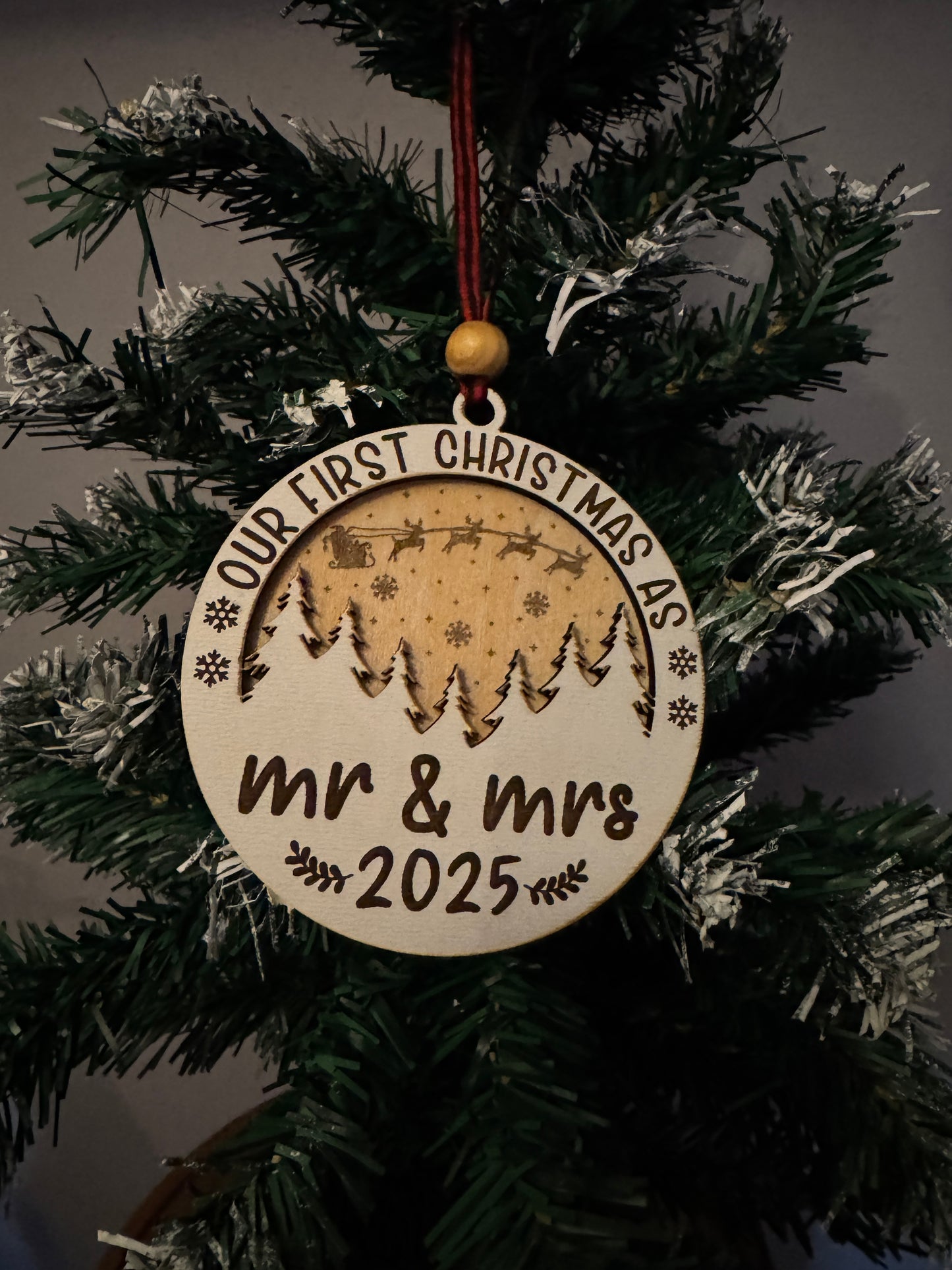 Our First Christmas as Mr & Mrs Ornament 2025 – Personalized Wooden Newlywed Christmas Decoration