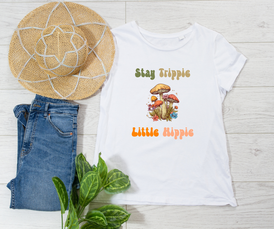 Stay Trippie Little Hippie Tee – Fun Mushroom Graphic Shirt for Free Spirits