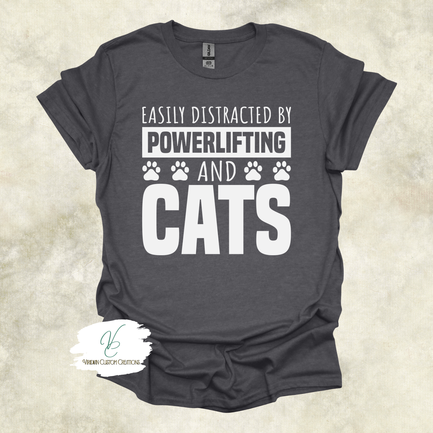 Easily Distracted by Powerlifting and Cats Tee – Funny Shirt for Cat Lovers & Lifters