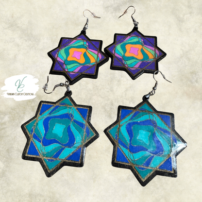 Flowstar Earrings – Hand-Painted, Laser-Cut Wood with Resin Finish