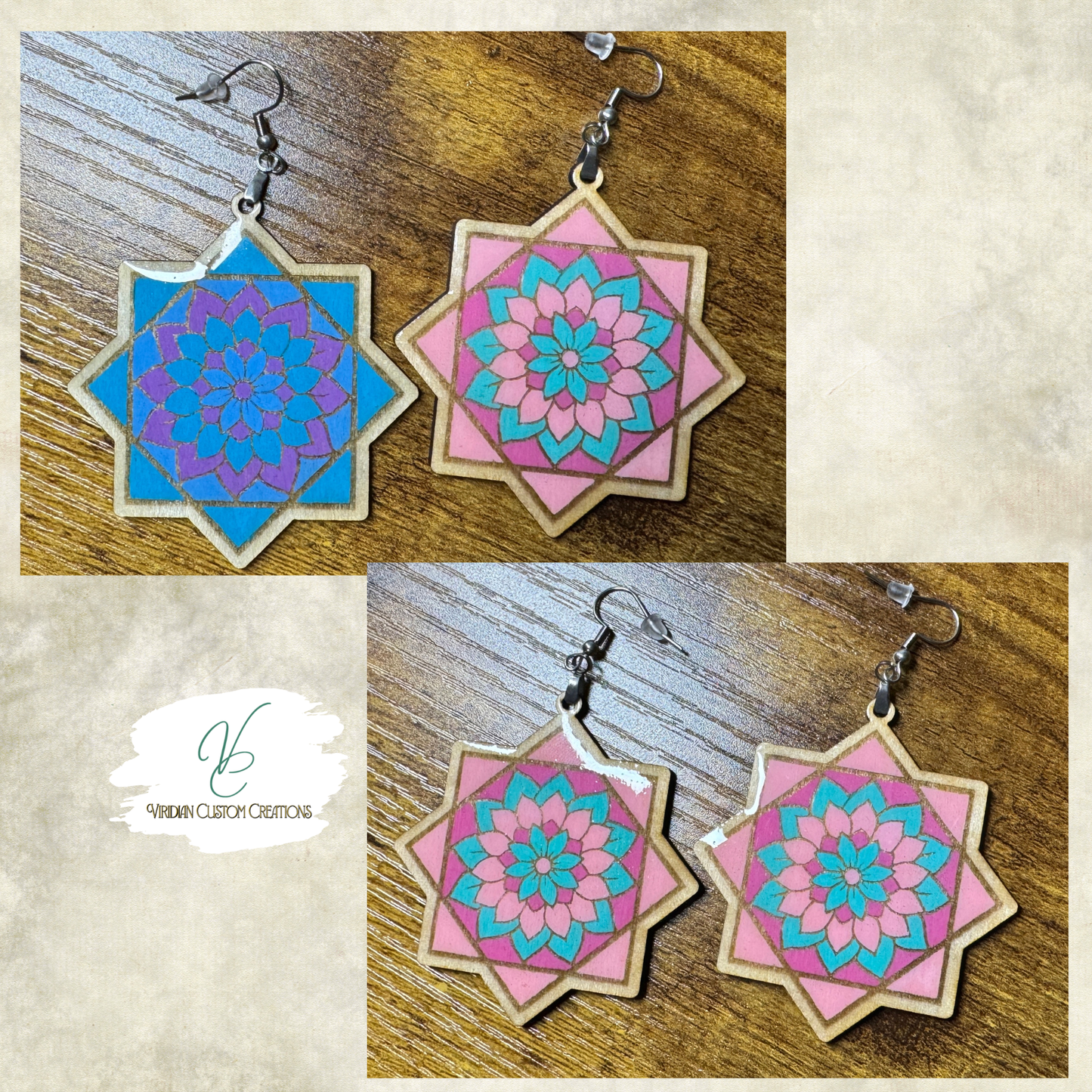 Flowstar Earrings – Hand-Painted, Laser-Cut Wood with Resin Finish