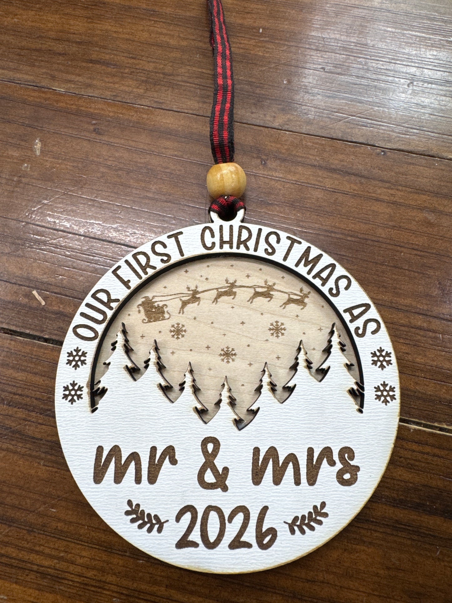 Our First Christmas as Mr & Mrs Ornament 2026– Personalized Wooden Newlywed Christmas Decoration