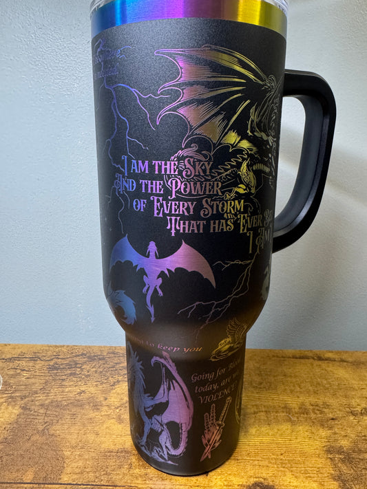 40oz Iridescent Engraved Tumbler – Fourth Wing Inspired Drinkware (Black or White Options)