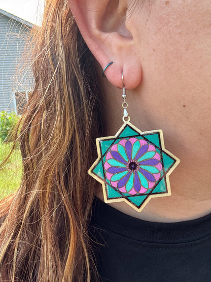 Flowstar Earrings – Hand-Painted, Laser-Cut Wood with Resin Finish