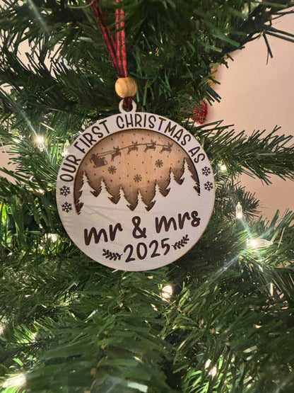 Our First Christmas as Mr & Mrs Ornament 2025 – Personalized Wooden Newlywed Christmas Decoration