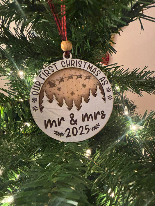 Our First Christmas as Mr & Mrs Ornament 2025 – Personalized Wooden Newlywed Christmas Decoration