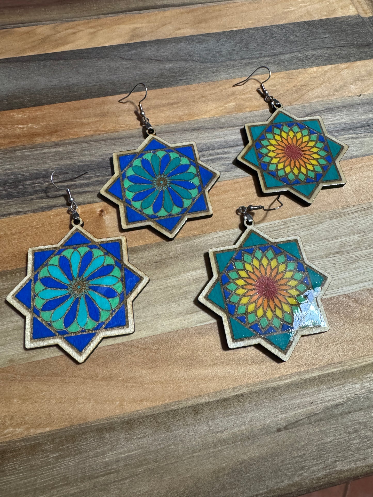 Flowstar Earrings – Hand-Painted, Laser-Cut Wood with Resin Finish