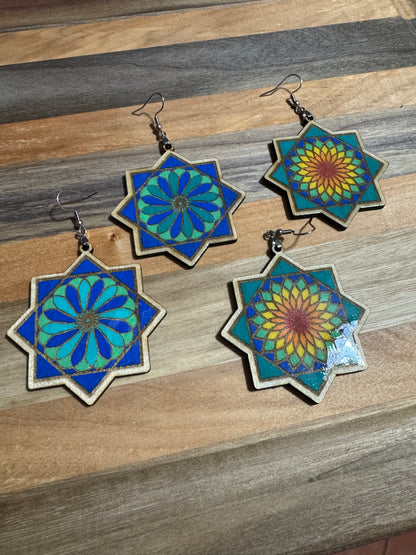 Flowstar Earrings – Hand-Painted, Laser-Cut Wood with Resin Finish
