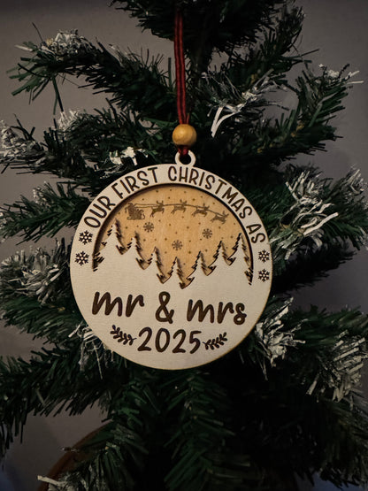 Our First Christmas as Mr & Mrs Ornament 2025 – Personalized Wooden Newlywed Christmas Decoration