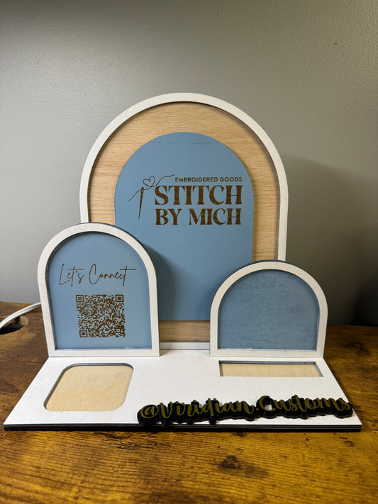 Triple Arch Vendor Display | Square Reader Stand + Business Card Holder + Social Media Sign