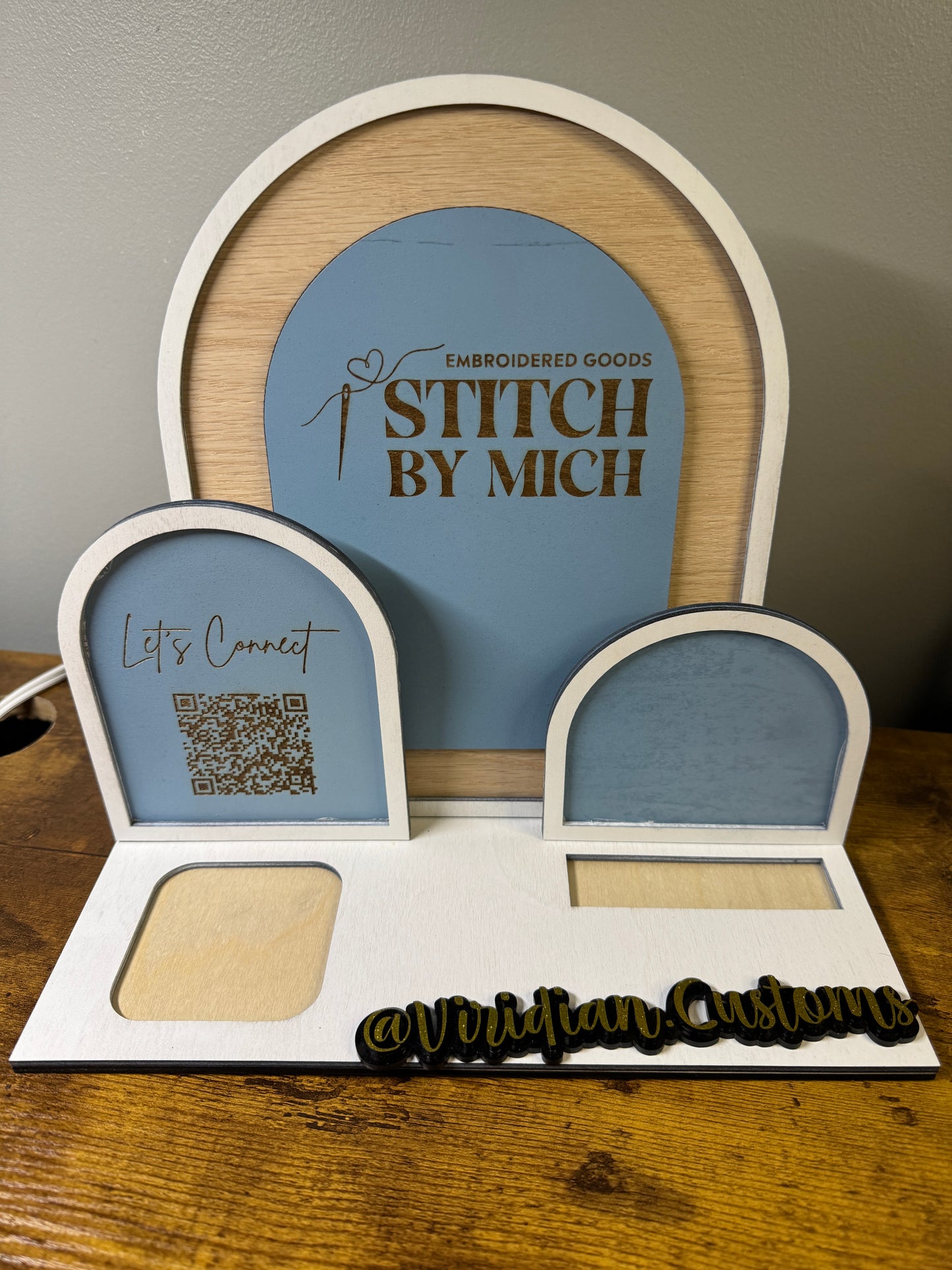 Triple Arch Vendor Display | Square Reader Stand + Business Card Holder + Social Media Sign