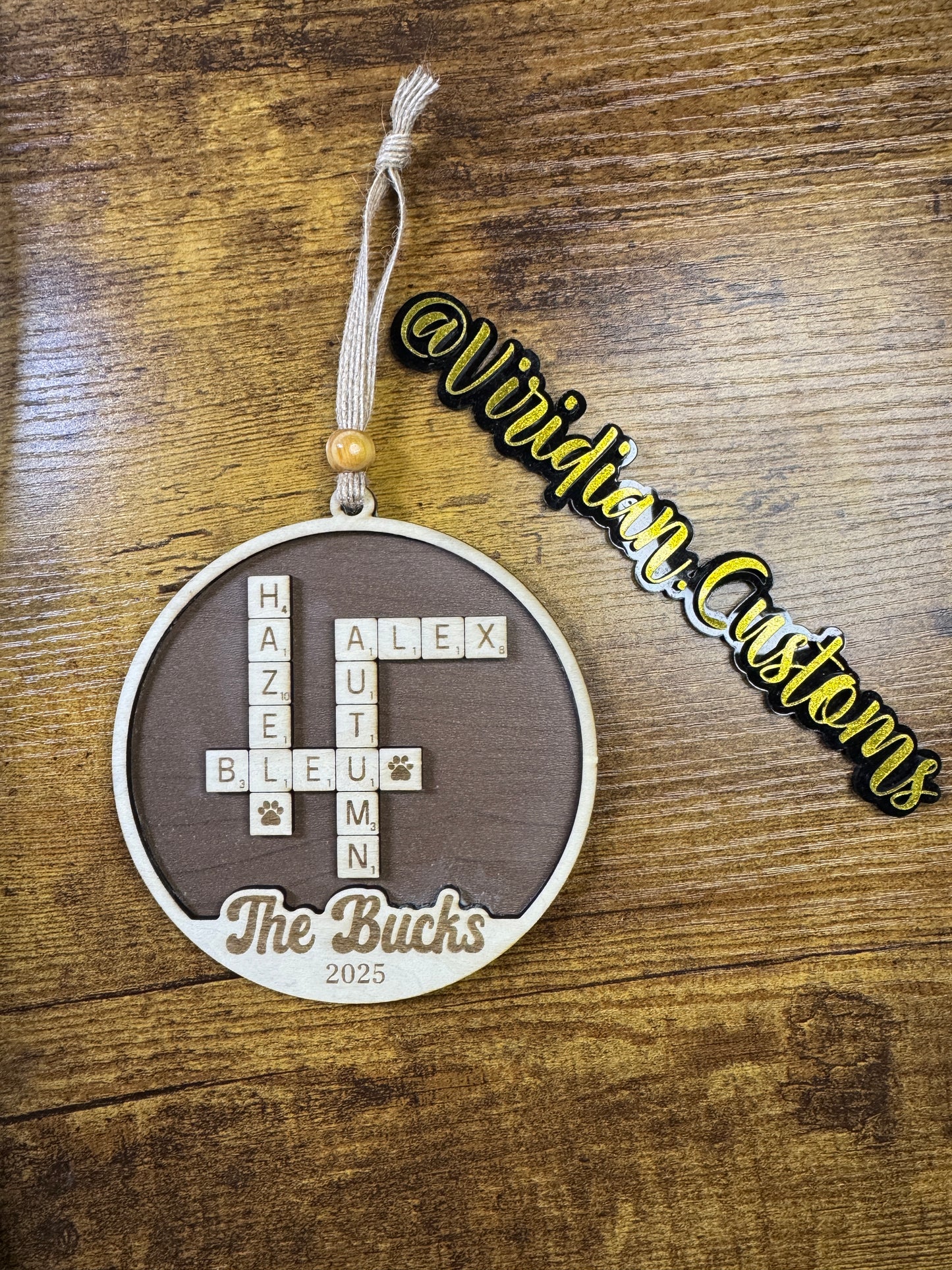 Custom Family Crossword Ornament – Personalized Name Ornament | Wood Christmas Ornament 2025 | Family Gift, Pet Names, Holiday Keepsake