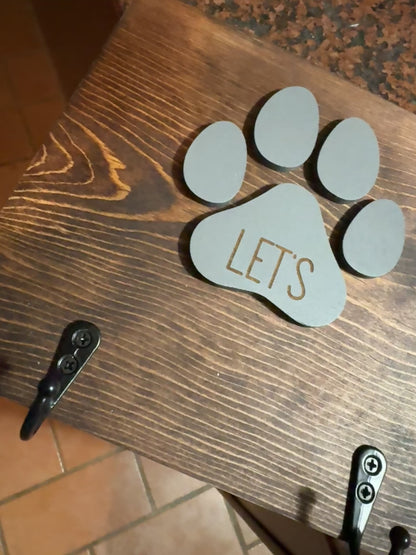 Custom Dog Leash Holder with Paw Prints – Wall-Mounted Leash Rack with Hooks | Personalized Pet Organizer